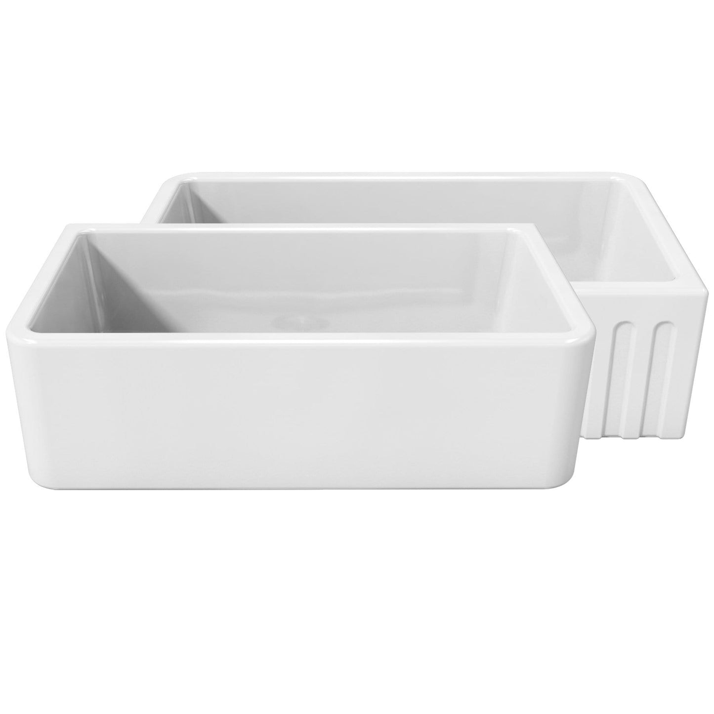 Latoscana 33" Reversible Fireclay Single Bowl Farmhouse Sink front view showcasing its elegant design and versatility.
