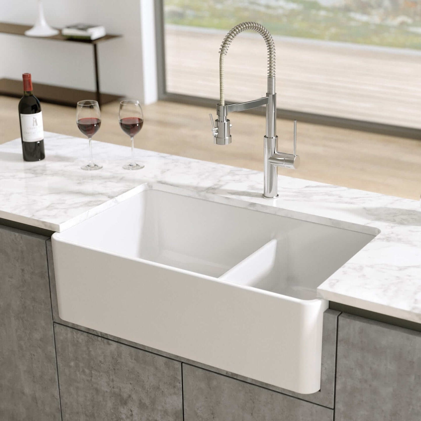 Latoscana 33" Fireclay Farmhouse Sink, 60/40 Double Bowl, White, LTD3319W front view in modern kitchen setting.