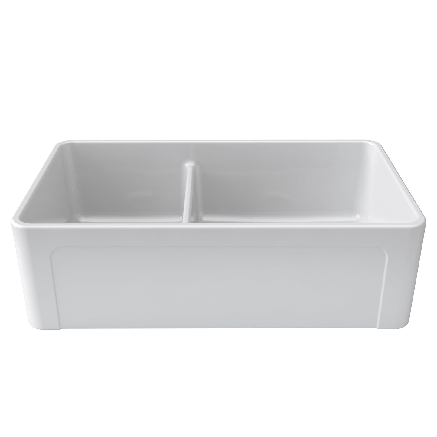 Latoscana 33" Fireclay Farmhouse Sink, 60/40 Double Bowl, White, LTD3319W front view image showing double bowl design.