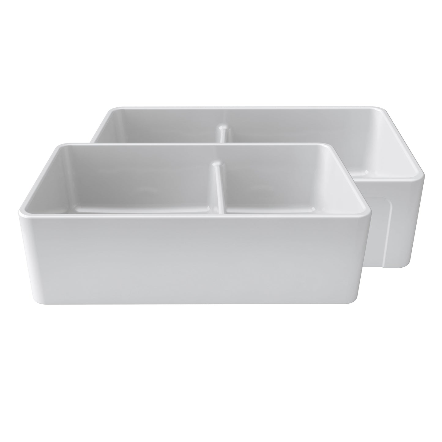 Latoscana 33" Fireclay Farmhouse Sink, 60/40 Double Bowl, White, LTD3319W front view, showing double bowl design.