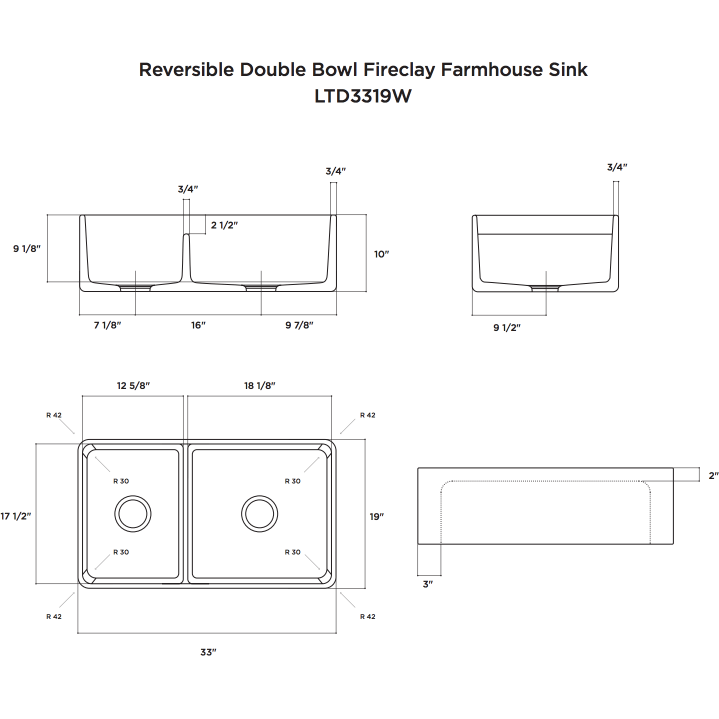 Latoscana 33" Fireclay Farmhouse Sink, 60/40 Double Bowl, White, LTD3319W dimensions and design specifications diagram.
