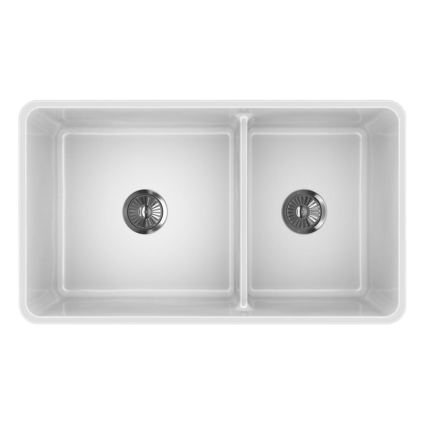 Latoscana 33" Fireclay Farmhouse Sink, 60/40 Double Bowl, White, LTD3319W top view with two bowl design.