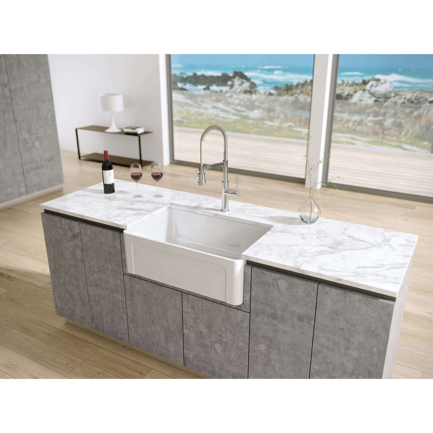 Latoscana 30" Reversible Fireclay Single Bowl Farmhouse Sink - LTW3019W in elegant kitchen setting with marble countertop.