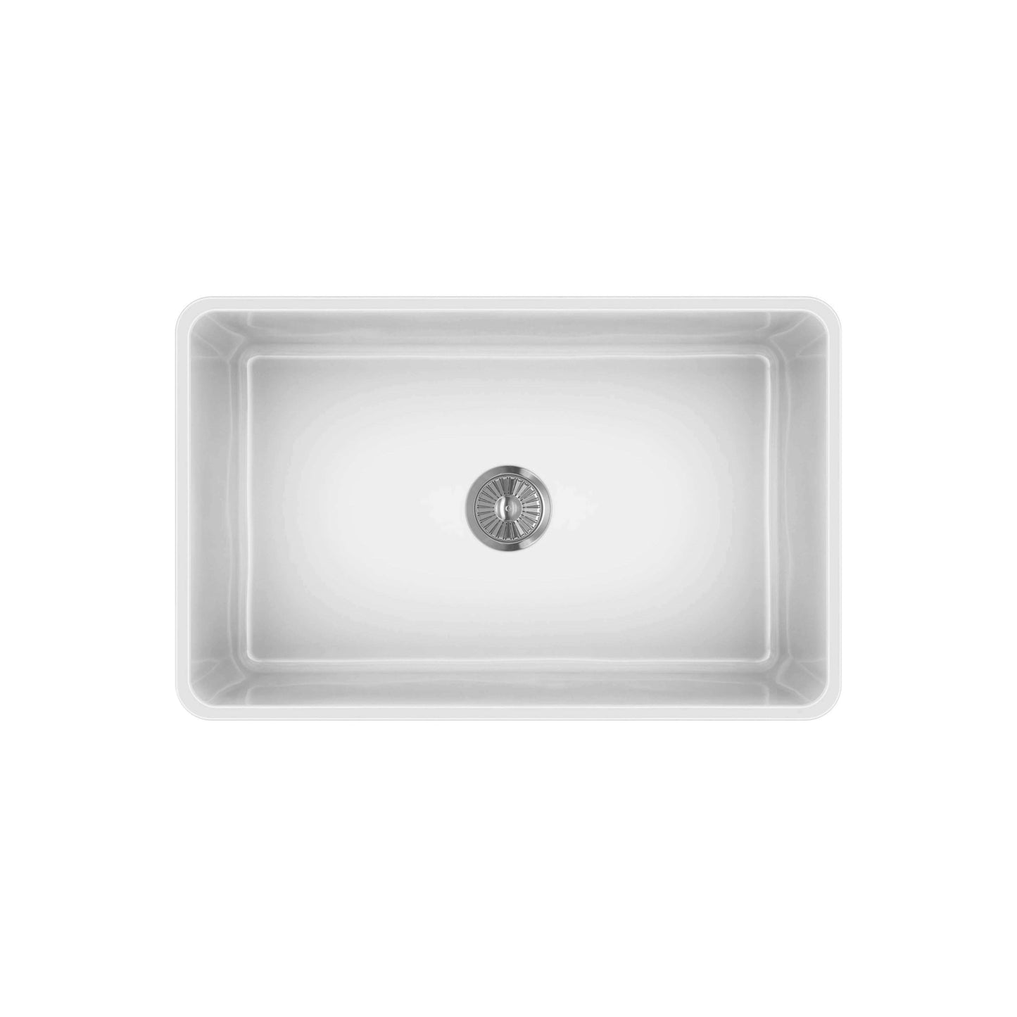 Top view of Latoscana 30" Reversible Fireclay Single Bowl Farmhouse Sink - LTW3019W showcasing its sleek design and drain.