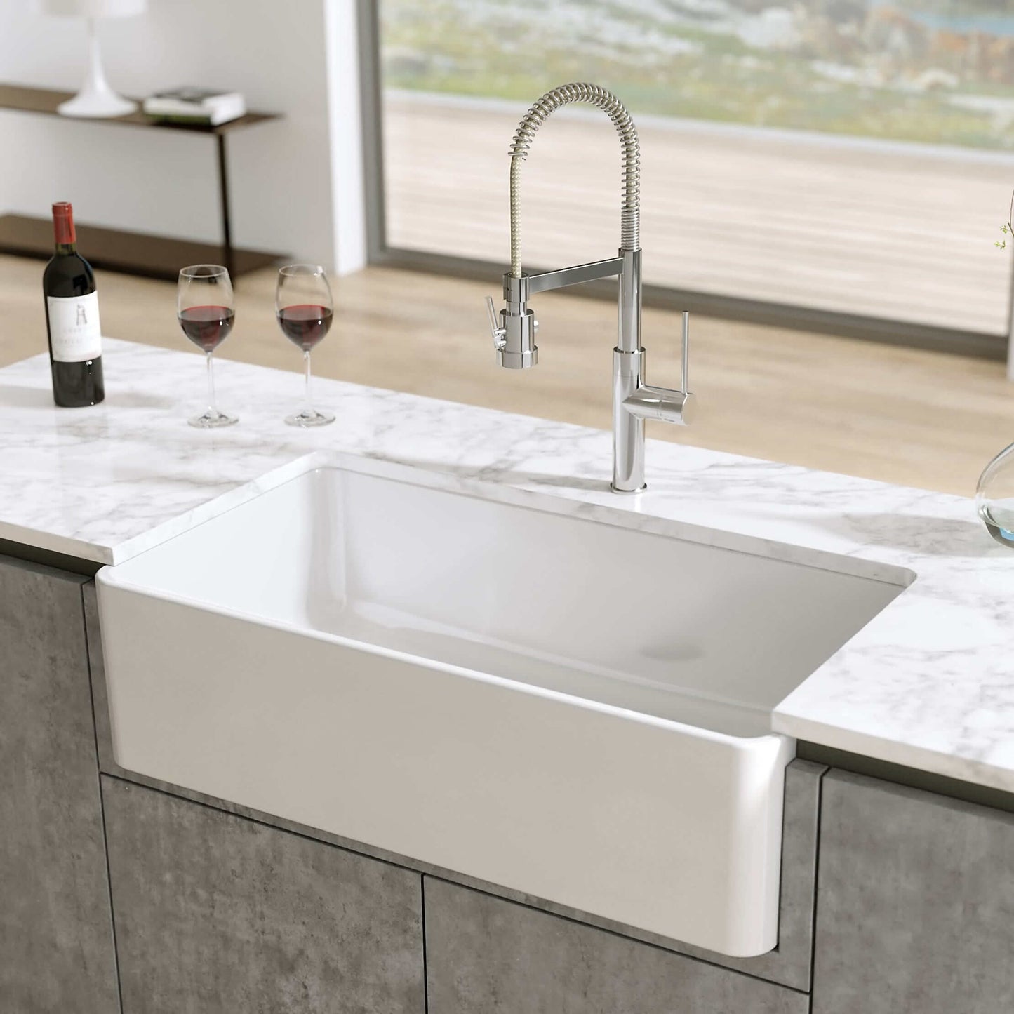 Front view of Latoscana 36" Reversible Fireclay Single Bowl Farmhouse Sink with modern faucet in contemporary kitchen.