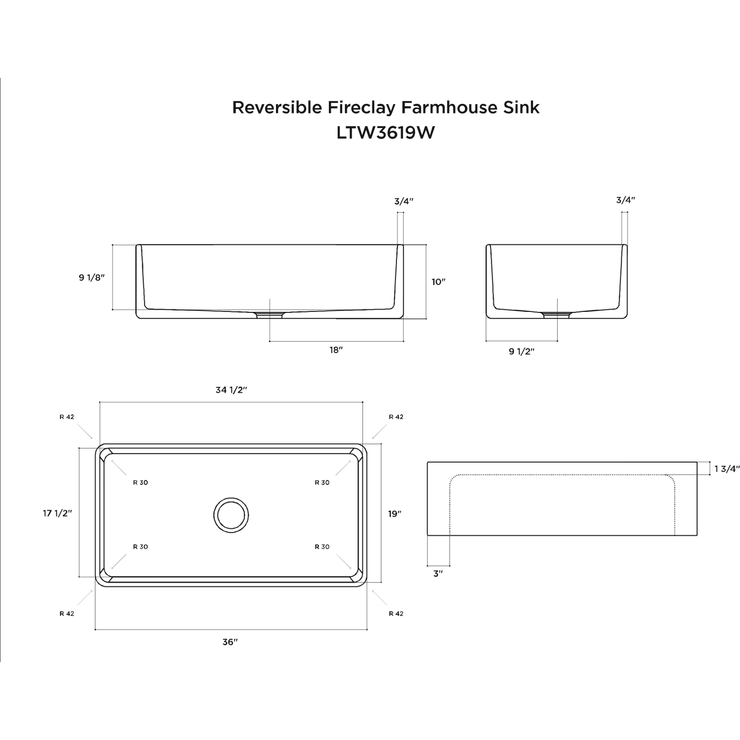 Latoscana 36" Reversible Fireclay Single Bowl Farmhouse Sink dimensions and design specifications drawing