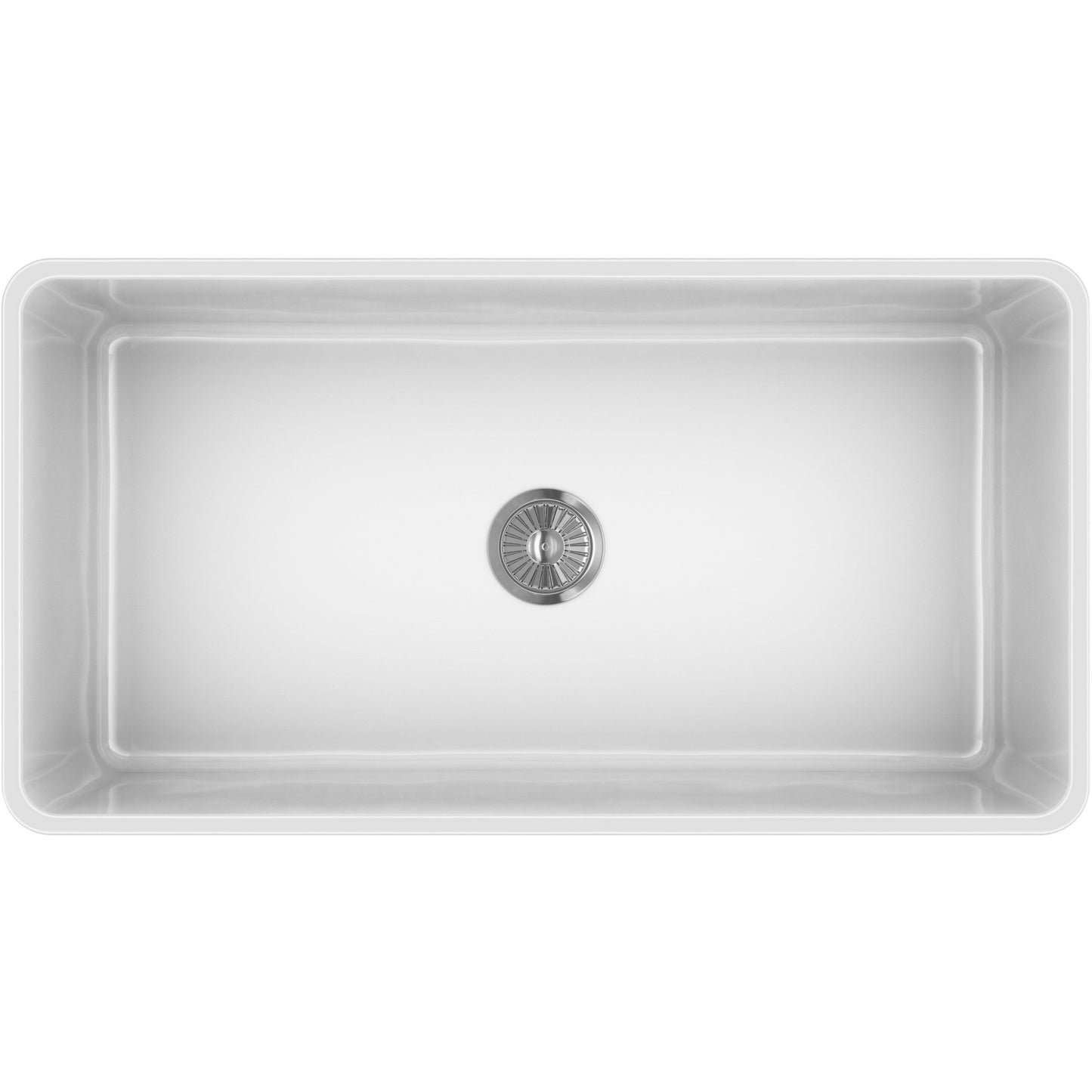 Top view of Latoscana 36" Reversible Fireclay Single Bowl Farmhouse Sink showing spacious design and drain.