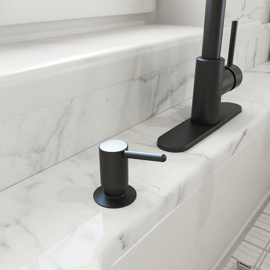 BOCCHI TRONTO 2.0 Kitchen Soap Dispenser in black finish on a marble countertop near a modern faucet.