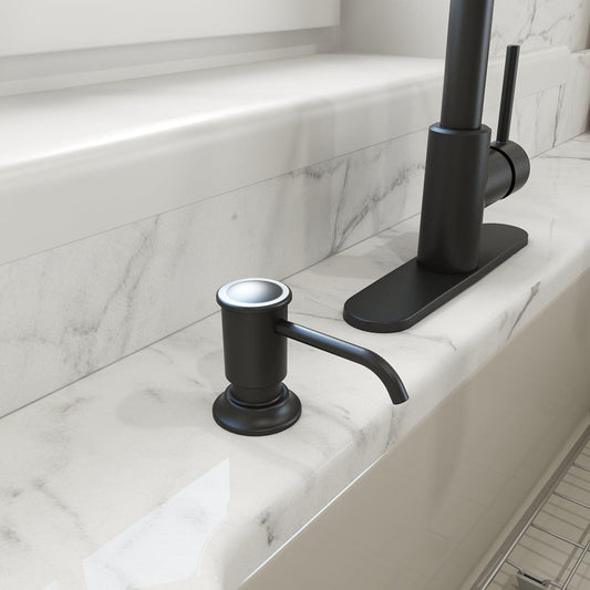 BOCCHI LESINA 2.0 Kitchen Soap Dispenser in black on a marble kitchen countertop.