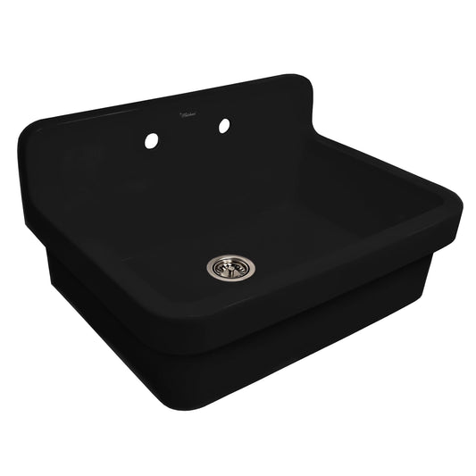 WHITEHAUS 30" Old Fashioned Country Fireclay Utility Sink with High Backsplash OFCH2230 in black finish.