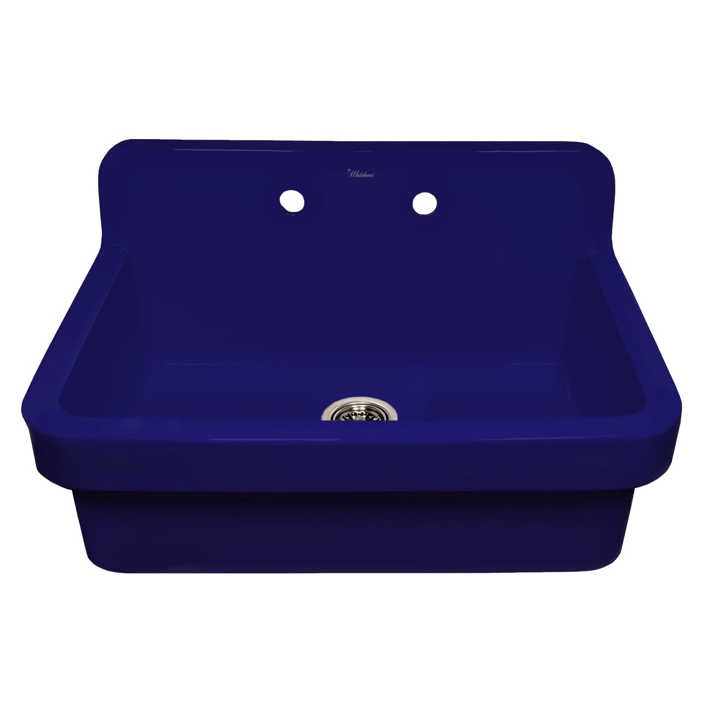 WHITEHAUS 30" Old Fashioned Country Fireclay Utility Sink with High Backsplash OFCH2230 in navy blue finish.