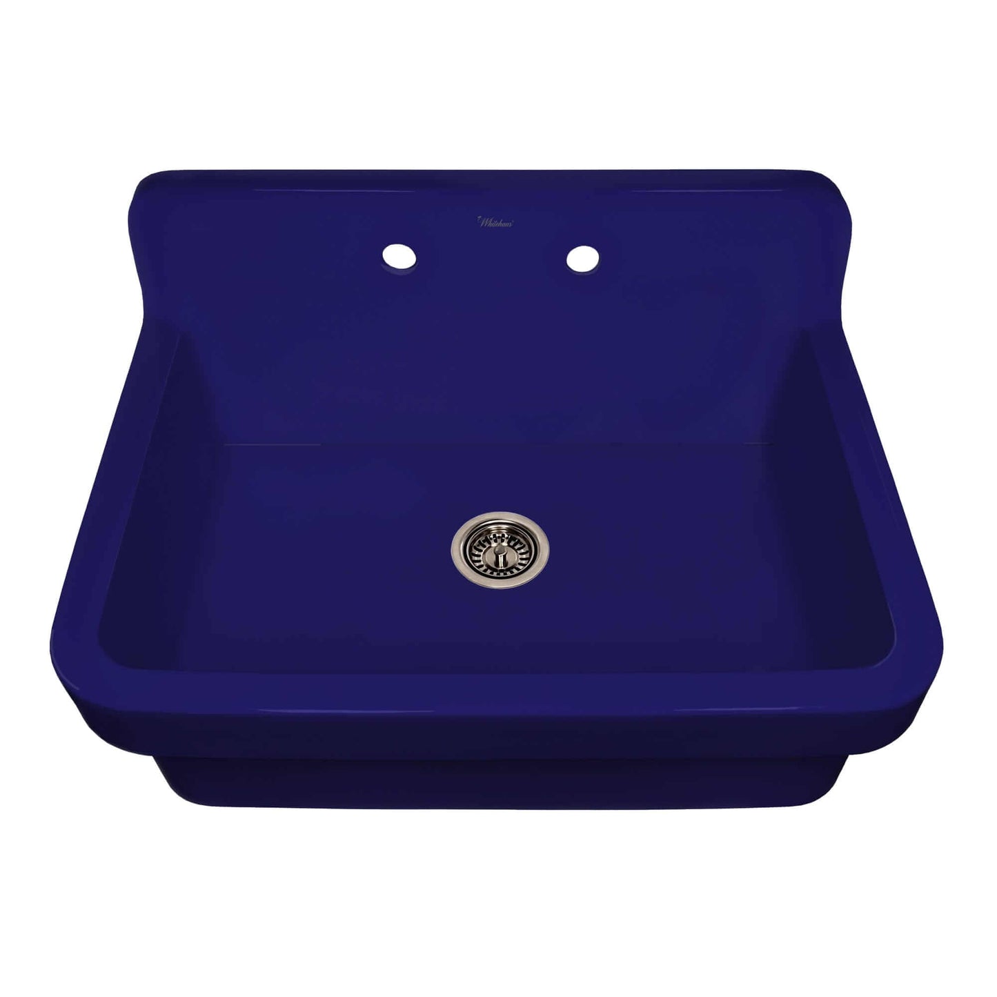 WHITEHAUS 30" Old Fashioned Country Fireclay Utility Sink with High Backsplash OFCH2230 in vibrant blue color.