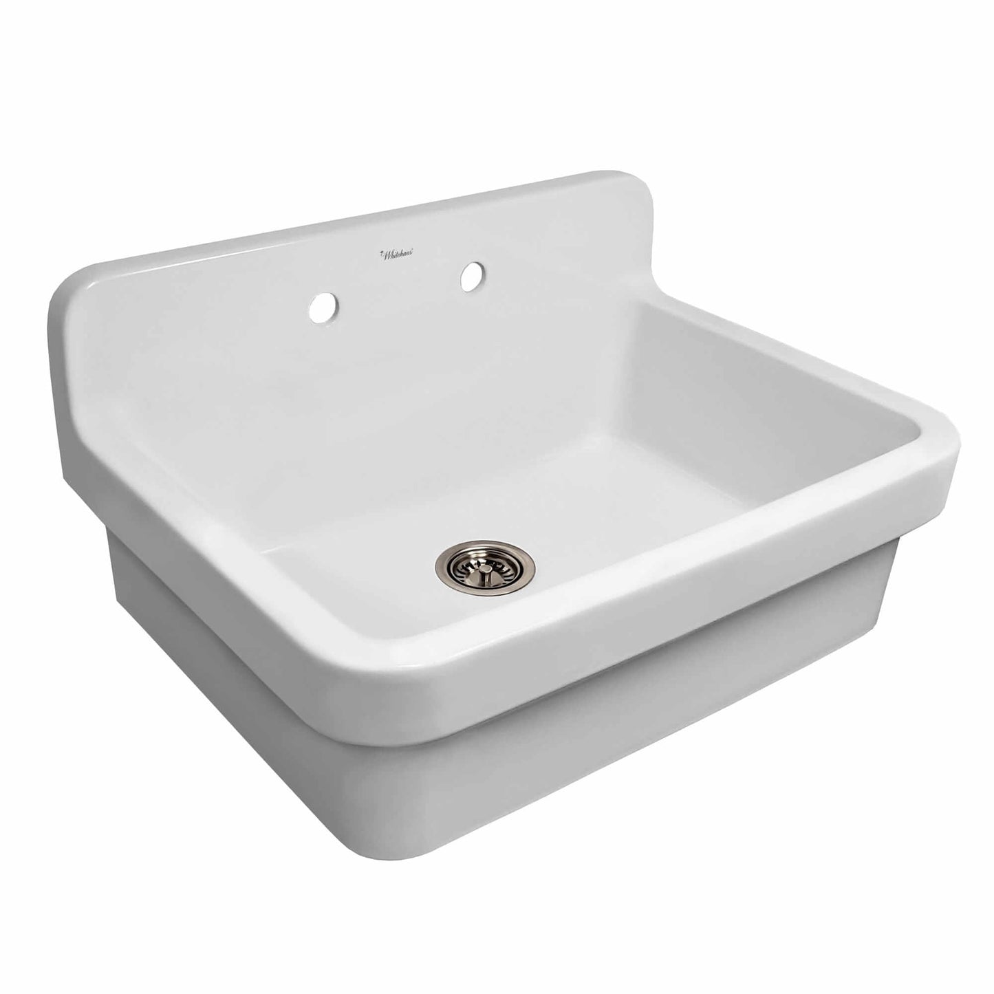 WHITEHAUS 30" Old Fashioned Country Fireclay Utility Sink with High Backsplash OFCH2230 in glossy white finish.