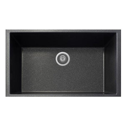 Top view of LaToscana One Series 33" Undermount Single Bowl Kitchen Sink in black with drain.