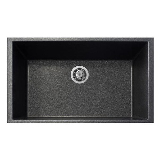 Top view of LaToscana One Series 33" Undermount Single Bowl Kitchen Sink in black with drain.