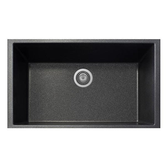 Top view of LaToscana One Series 33" Undermount Single Bowl Kitchen Sink in black with drain.