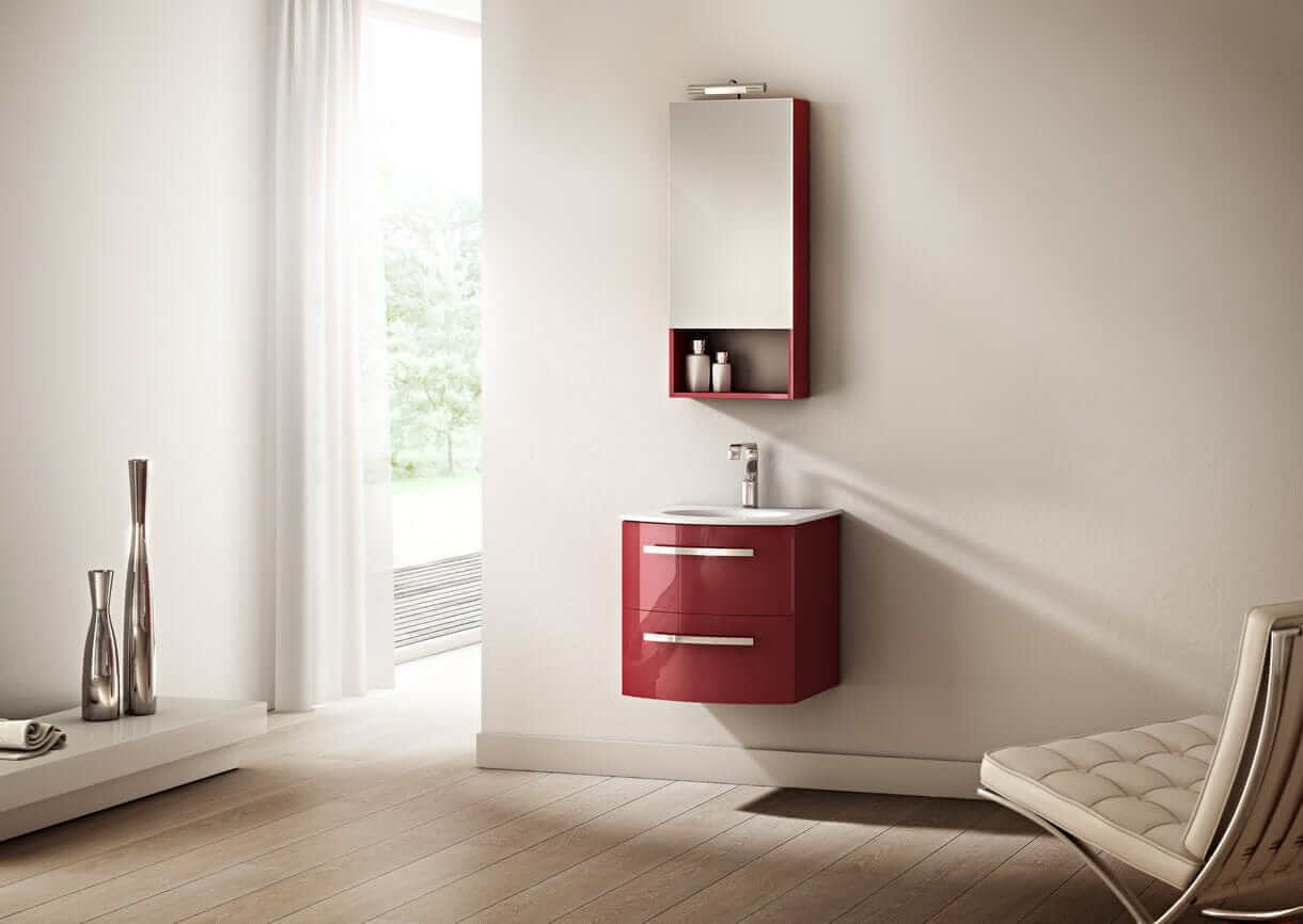 LATOSCANA PALIO 22" Wall Mounted Vanity Unit in red, front view showcasing modern design and compact features.