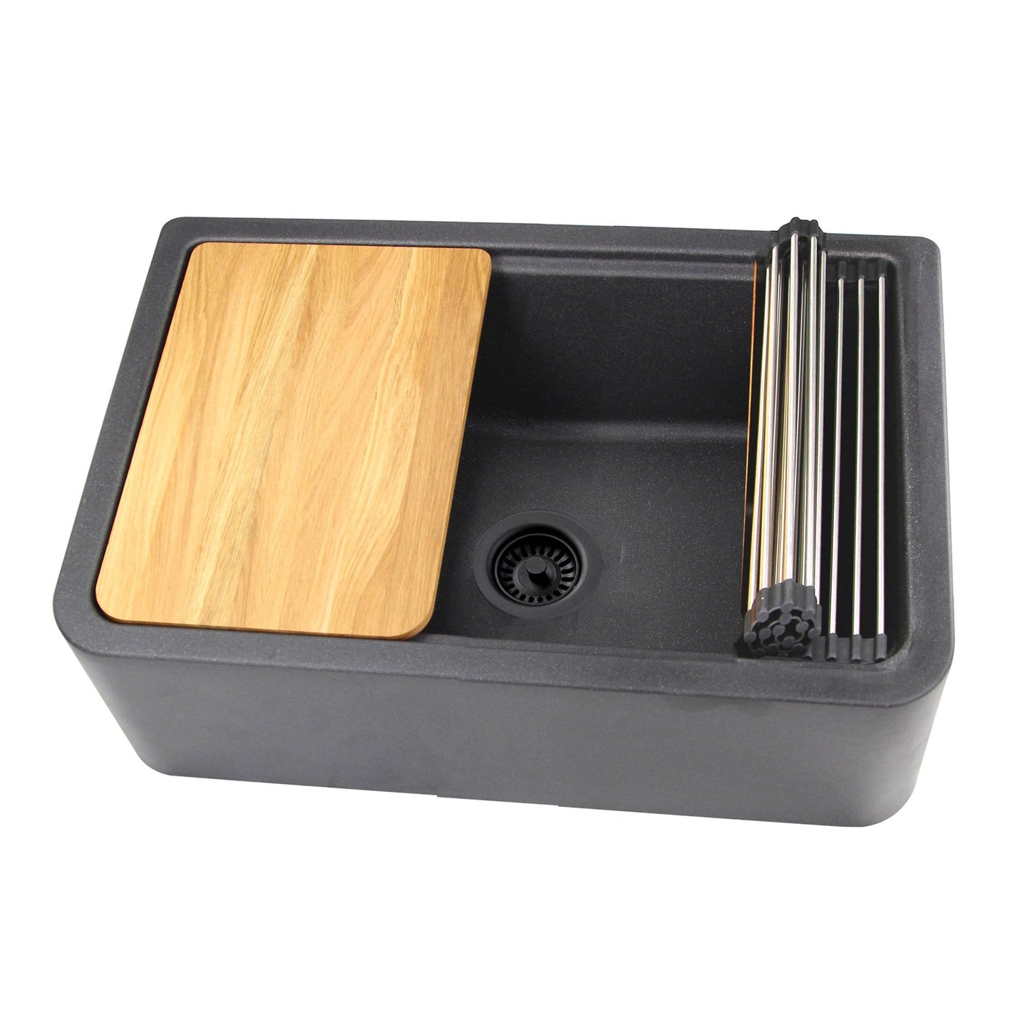 Nantucket 33" Reversible Workstation Granite Composite Apron Sink with Accessory Pack - PR3020-APS-BL front view with wooden cover and accessory rack.