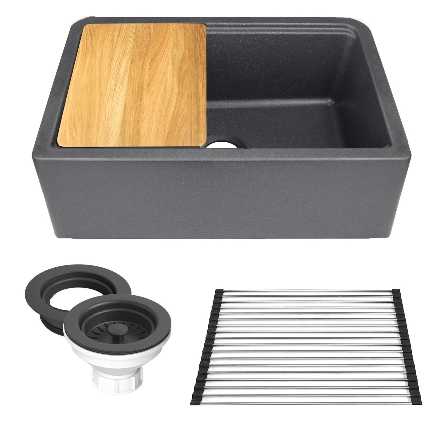 Nantucket 33" Reversible Workstation Granite Composite Apron Sink with Accessory Pack - PR3020-APS-BL front view with wood cutting board and accessories