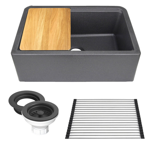 Nantucket 33" Reversible Workstation Granite Composite Apron Sink with Accessory Pack - PR3020-APS-BL front view with wood cutting board and accessories