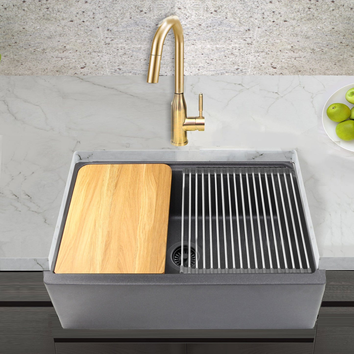 Nantucket 33" Reversible Workstation Granite Composite Apron Sink with Accessory Pack - PR3020-APS-BL front view with wooden cover and faucet.