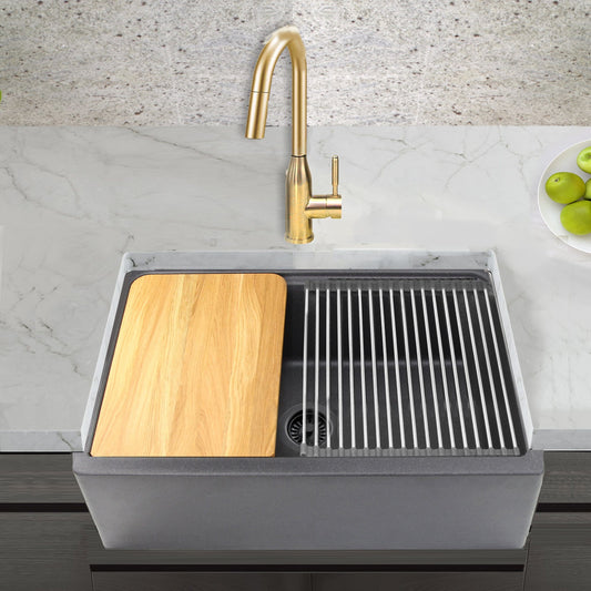 Nantucket 33" Reversible Workstation Granite Composite Apron Sink with Accessory Pack - PR3020-APS-BL front view with wooden cover and faucet.