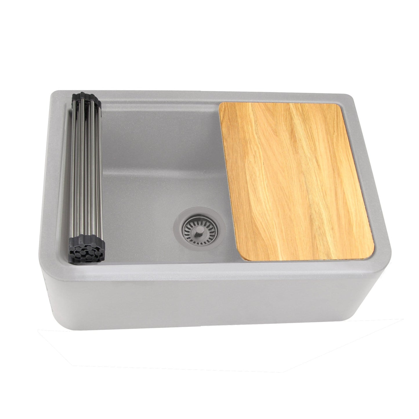 Nantucket 33" Reversible Workstation Granite Composite Apron Sink with Accessory Pack - PR3020-APS-G in gray with wood cutting board