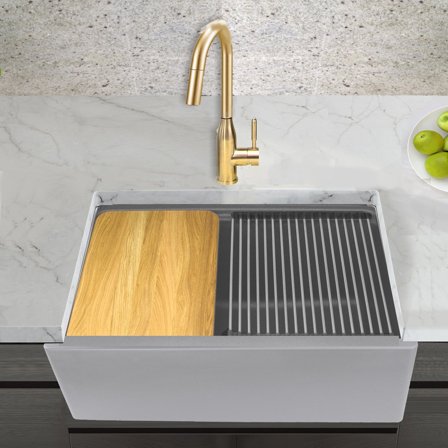 Nantucket 33" Reversible Workstation Granite Composite Apron Sink with Accessory Pack - PR3020-APS-G in gray with wooden board and faucet.