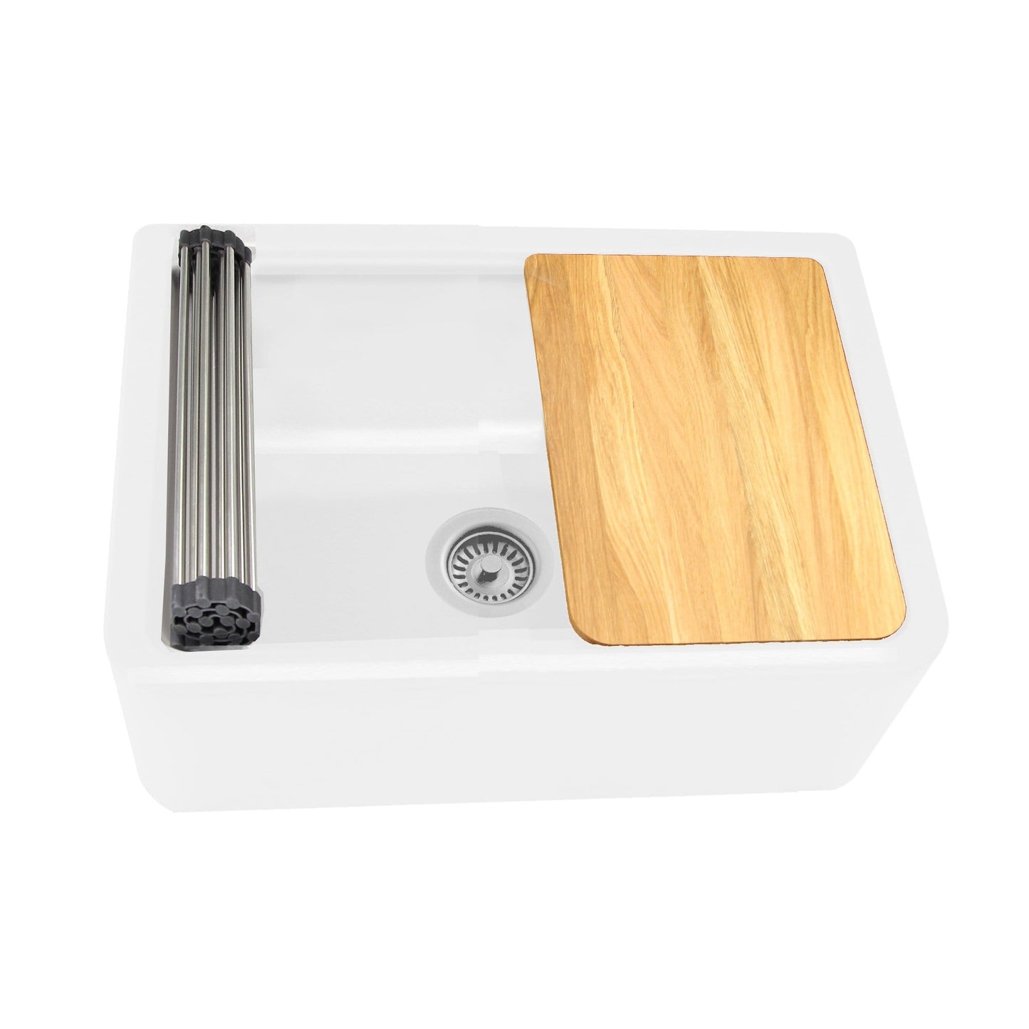 Nantucket 33" Reversible Workstation Granite Composite Apron Sink with Accessory Pack - PR3020-APS-W with wooden cutting board