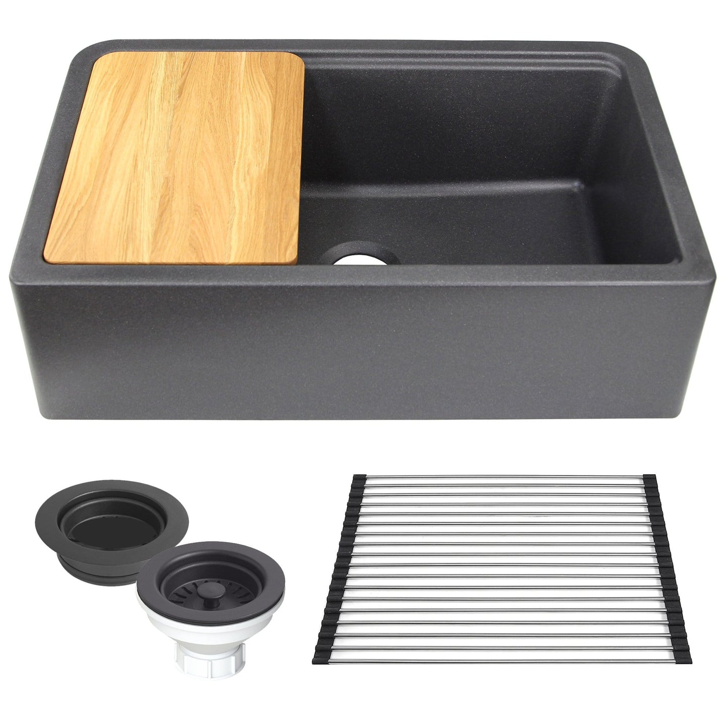 Nantucket 33" Reversible Workstation Granite Composite Apron Sink with Accessory Pack - PR3320-APS-BL and accessories