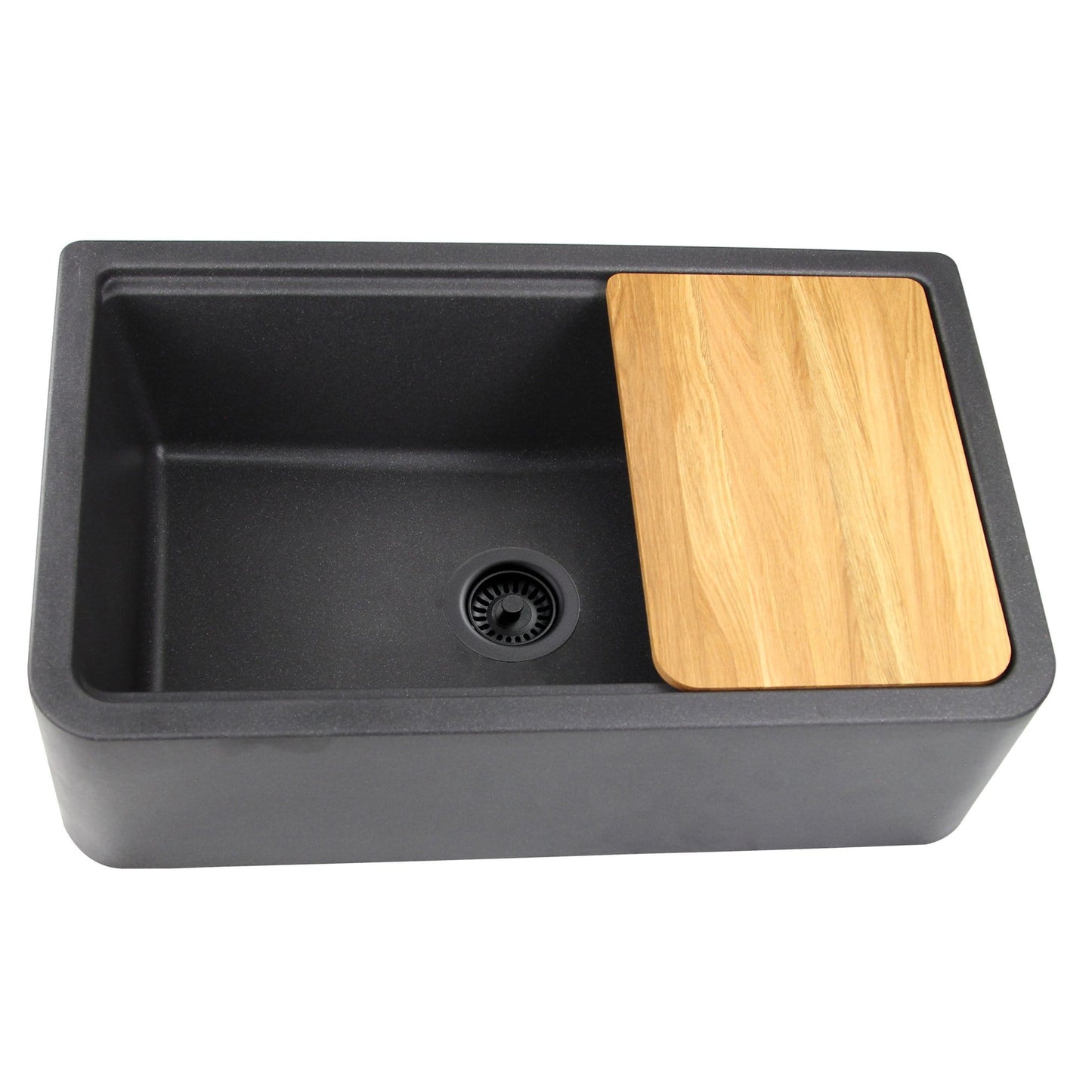 Nantucket 33" Reversible Workstation Granite Composite Apron Sink with Accessory Pack - PR3320-APS-BL - black sink with wooden cutting board