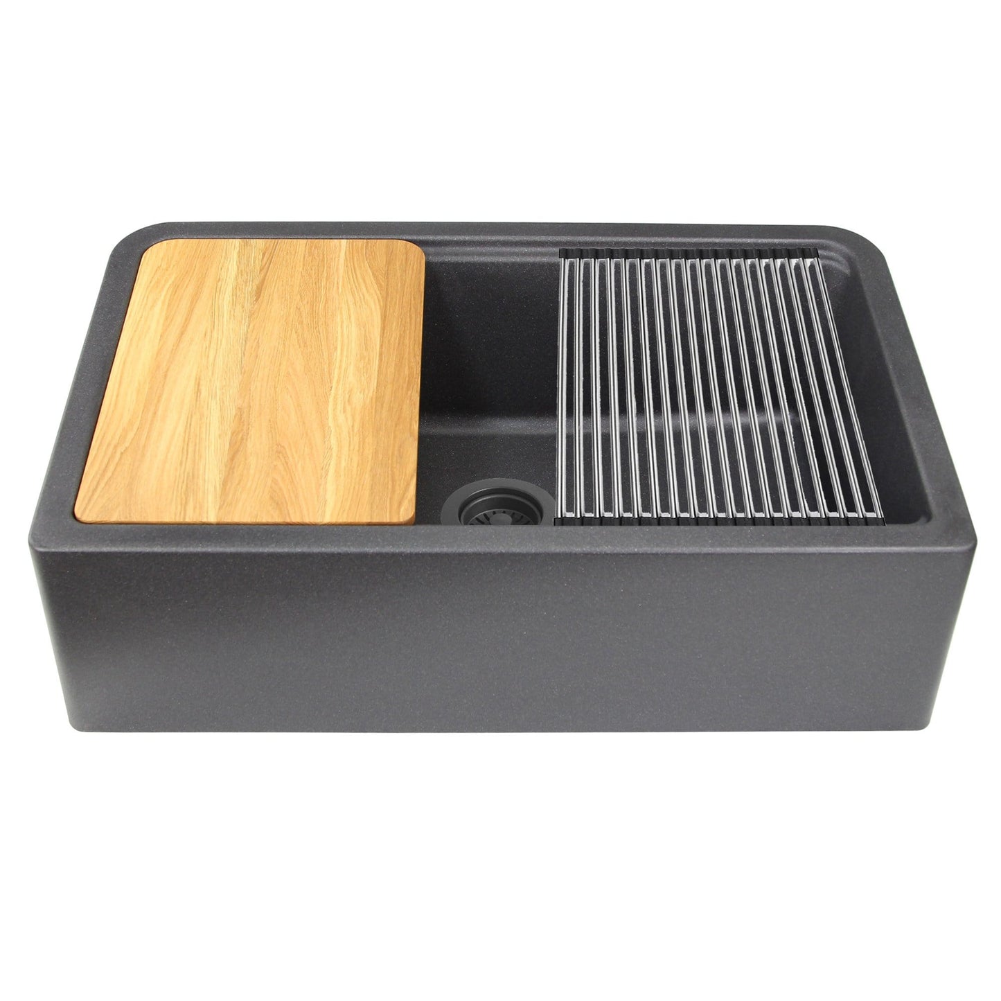 Nantucket 33" Reversible Workstation Granite Composite Apron Sink with Accessory Pack - PR3320-APS-BL and wooden cutting board.