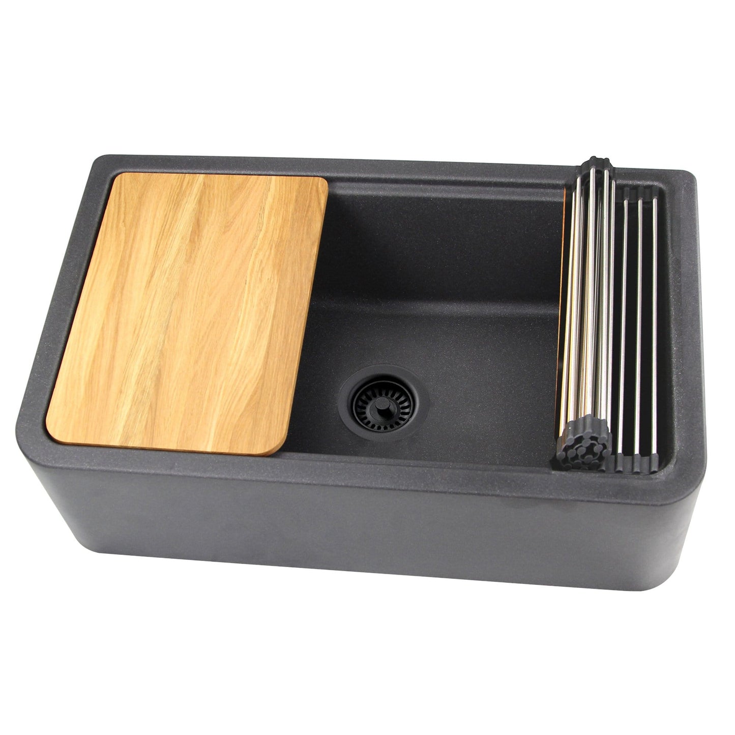 Nantucket 33" Reversible Workstation Granite Composite Apron Sink with Accessory Pack - PR3320-APS-BL displayed with wooden cutting board.