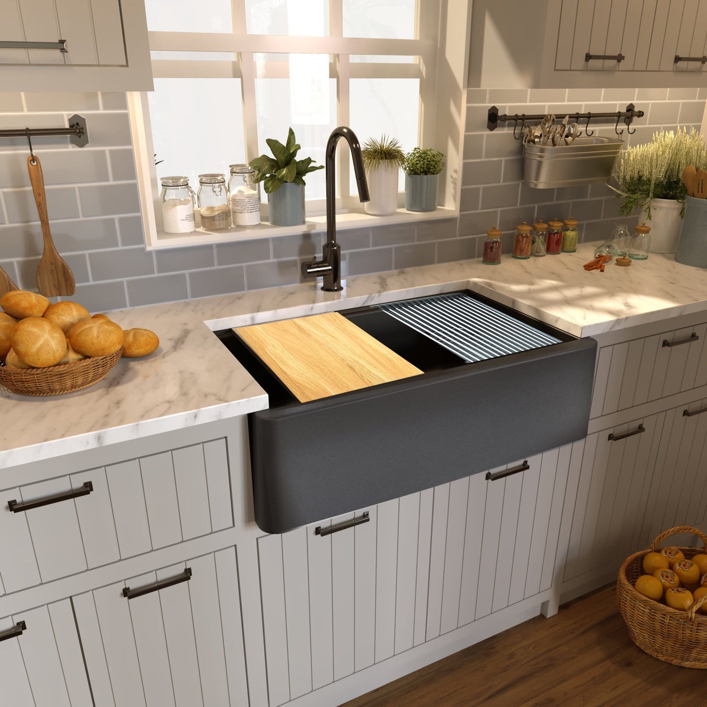 Nantucket 33" Reversible Workstation Granite Composite Apron Sink with Accessory Pack - PR3320-APS-BL in a modern kitchen setting.