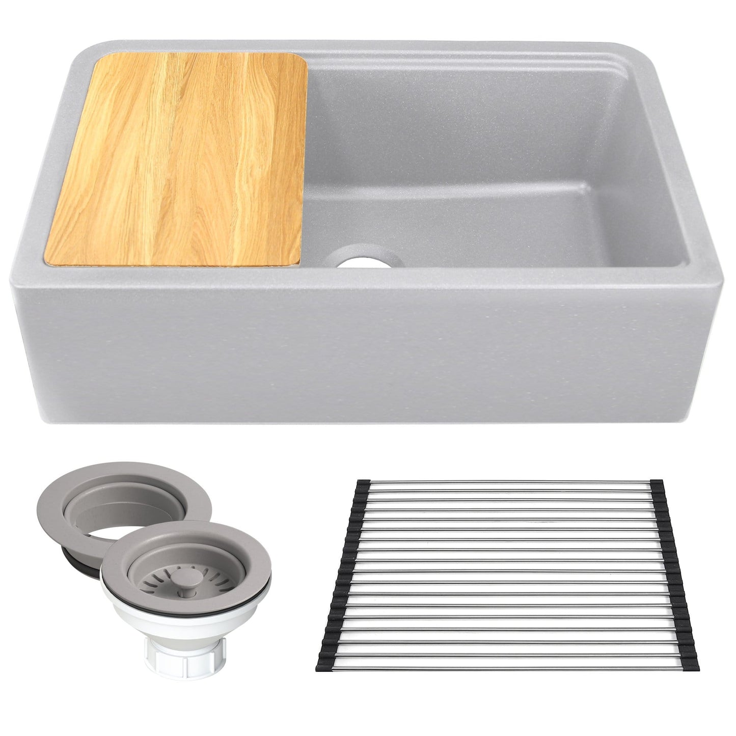 Nantucket 33" Reversible Workstation Granite Composite Apron Sink with Accessory Pack - PR3320-APS-G featuring grey sink and wood cutting board.