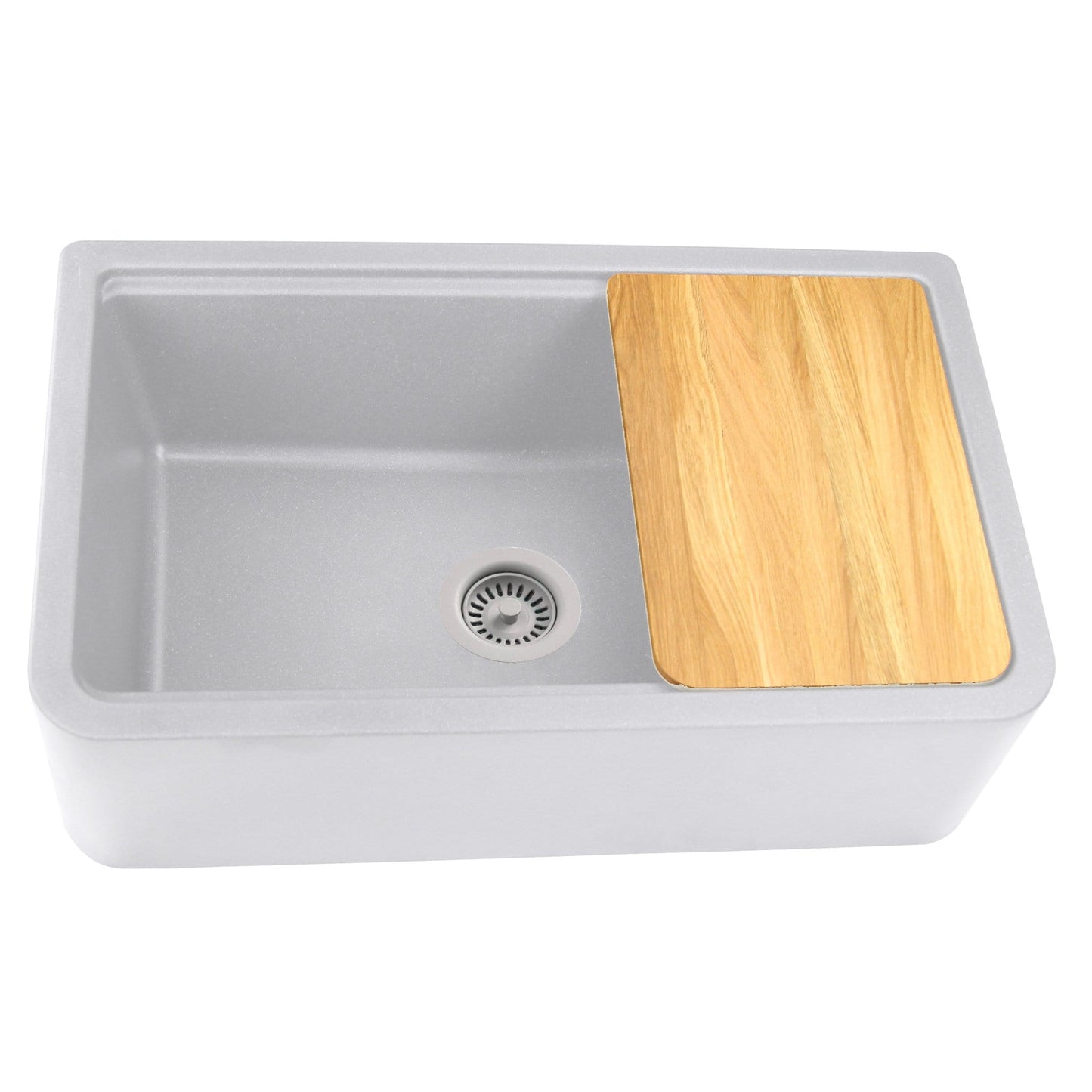 Nantucket 33" Reversible Workstation Granite Composite Apron Sink with Accessory Pack - PR3320-APS-G in grey with wood cutting board.