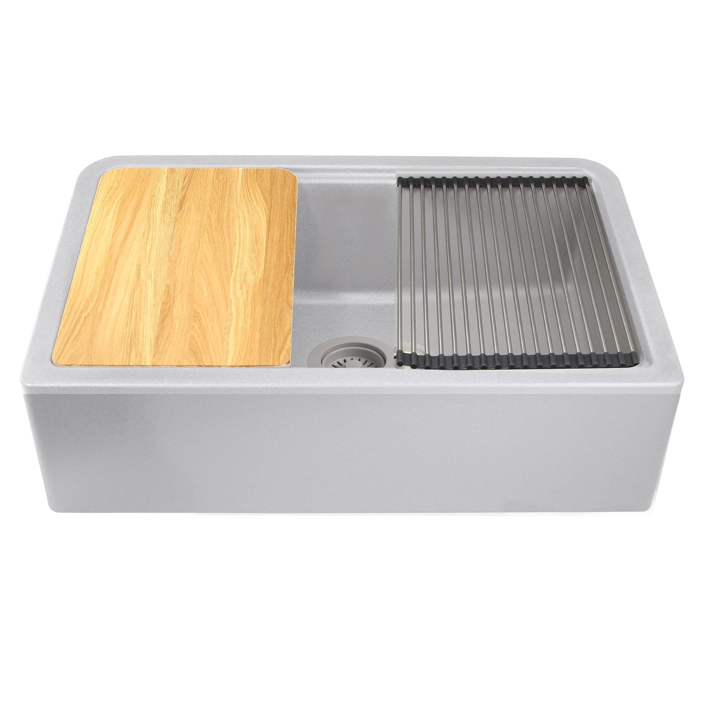Nantucket 33" Reversible Workstation Granite Composite Apron Sink with Accessory Pack - PR3320-APS-G featuring a wooden cutting board and rack.