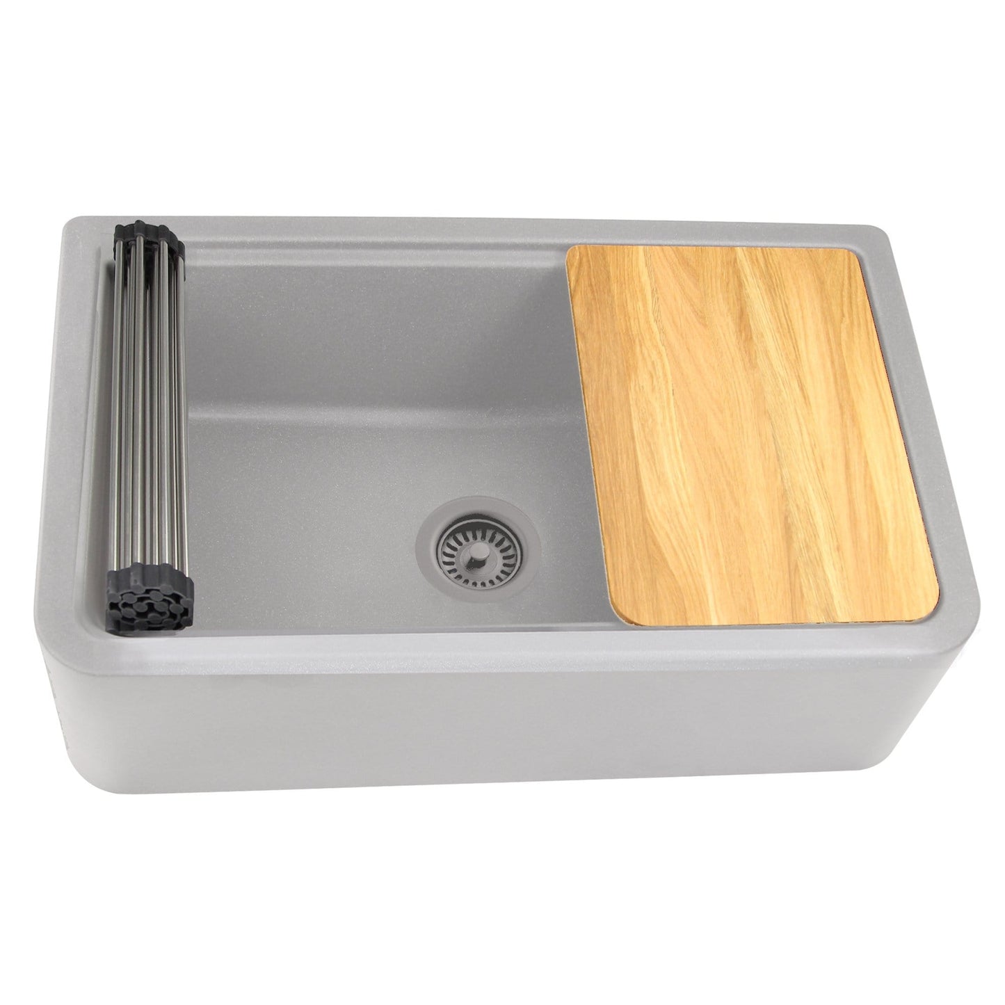 Nantucket 33" Reversible Workstation Granite Composite Apron Sink with Accessory Pack - PR3320-APS-G featuring a grey metallic finish and wood cutting board.
