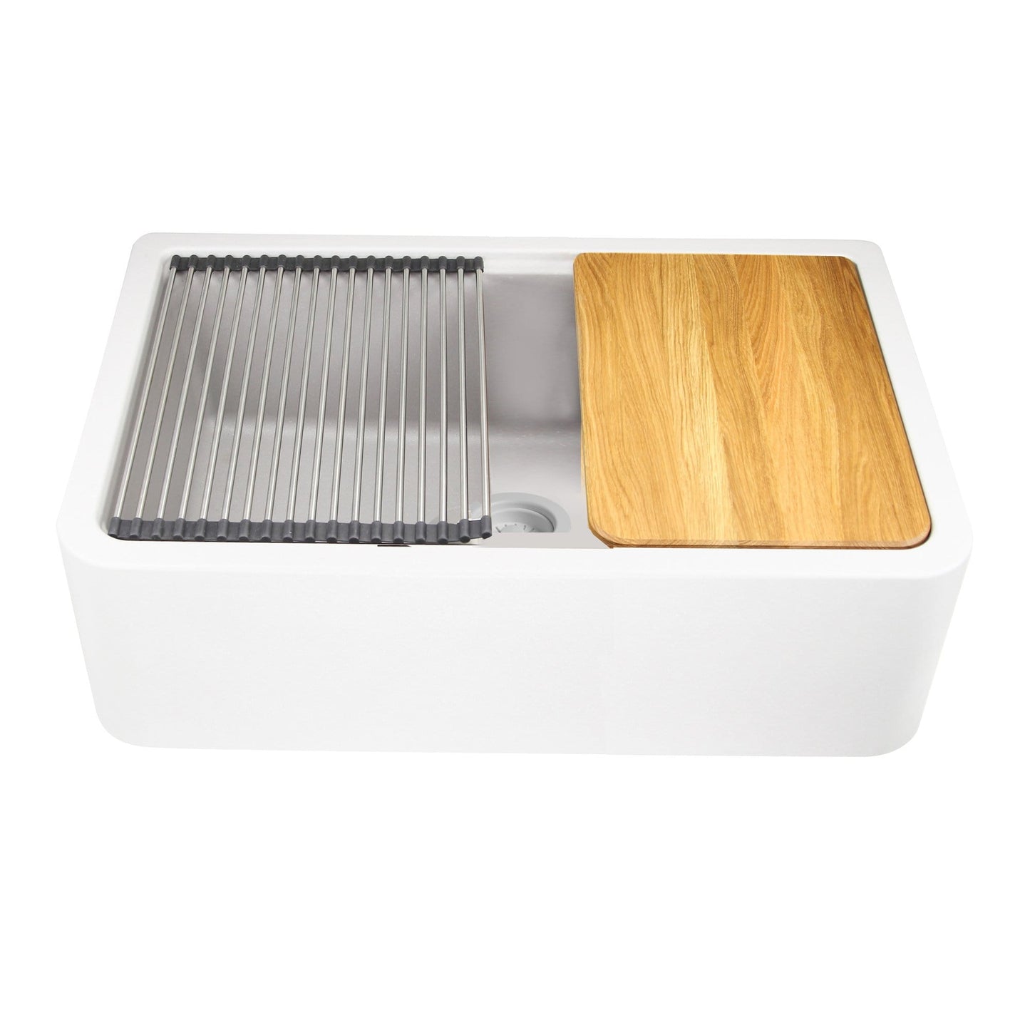 Nantucket 33" Reversible Workstation Granite Composite Apron Sink with Accessory Pack - PR3320-APS-W with cutting board and drying rack.
