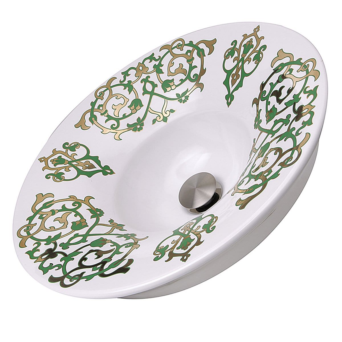 Nantucket Lugano Fireclay Hand-decorated Vanity Sink - RC77240GF with green and gold leaf brocade pattern design.