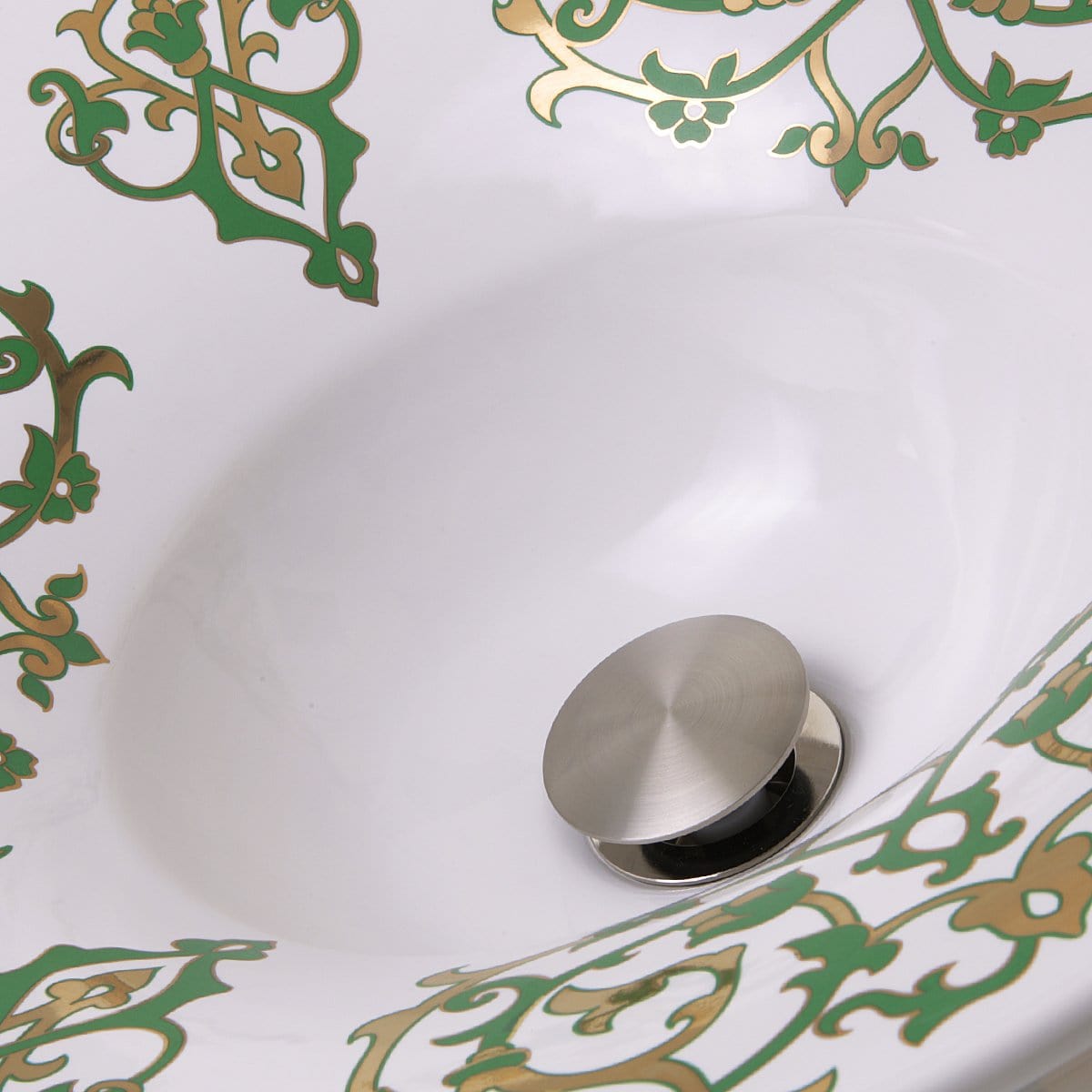 Nantucket Lugano Fireclay Hand-decorated Vanity Sink - RC77240GF showing intricate green and gold brocade design.