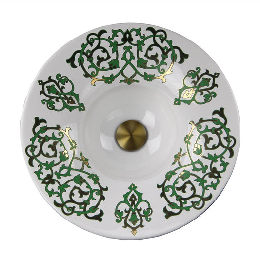 Nantucket Lugano Fireclay Hand-decorated Vanity Sink - RC77240GF with intricate green and 24K gold leaf design.