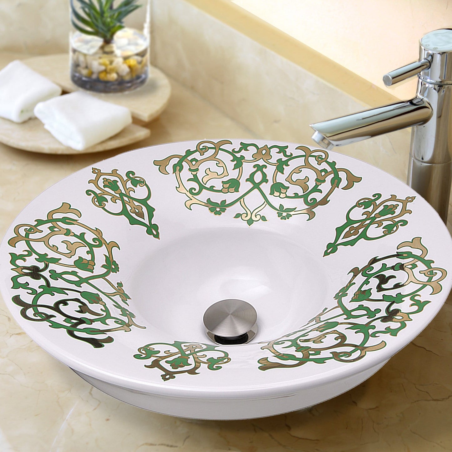 Nantucket Lugano Fireclay Hand-decorated Vanity Sink - RC77240GF with elegant hand-painted green and gold design.