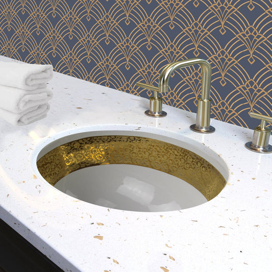 Nantucket Anzio Italian Fireclay Vanity Sink - RC78340GRD with 24k gold leaf band and elegant countertop design.