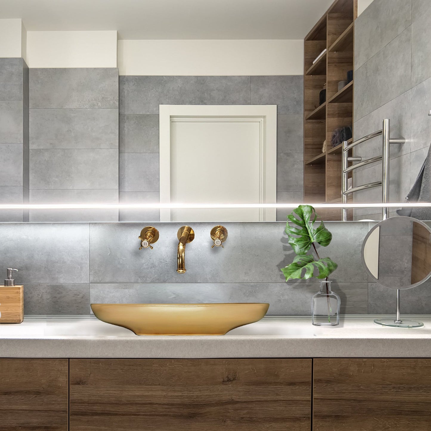 Nantucket Dubai Italian Fireclay Vanity Sink - RC79040G showcased in a modern bathroom setting with gold fixtures.