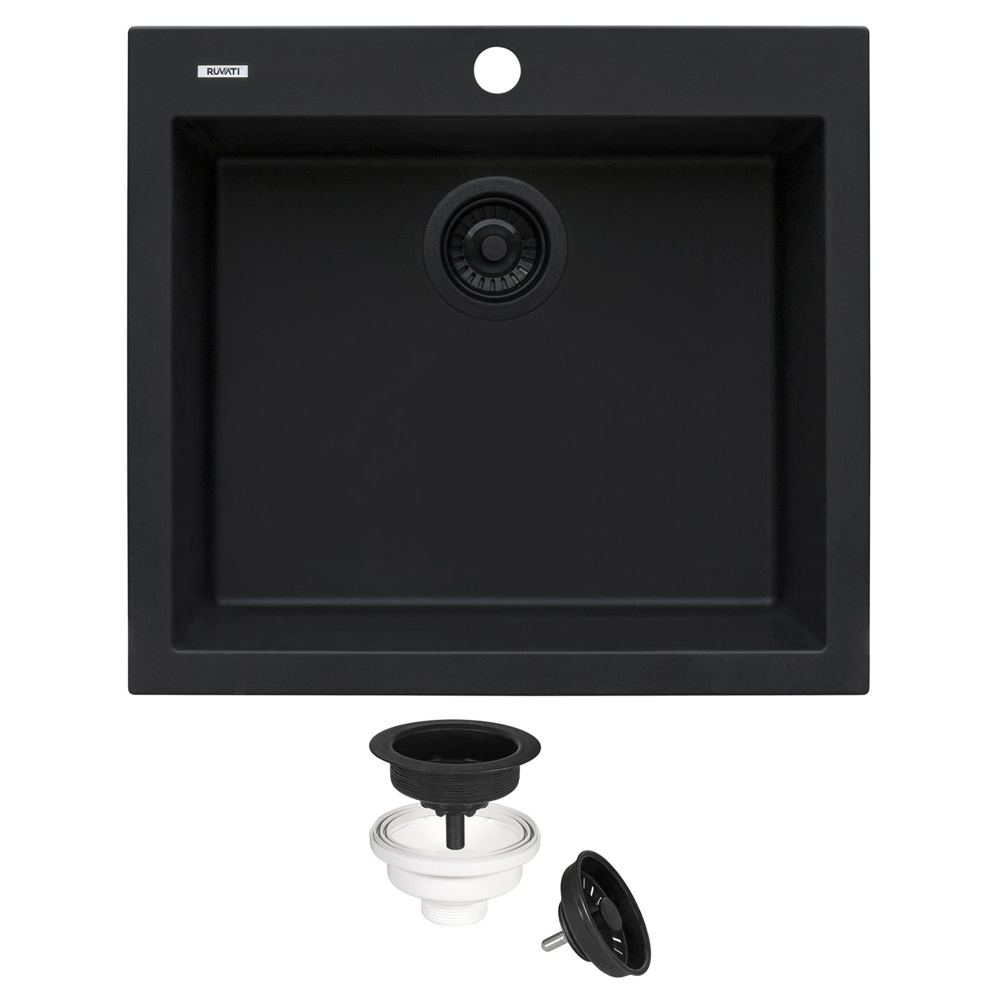 Ruvati epiGranite 22" Topmount Single Bowl Kitchen Sink RVG1022 in Midnight Black with drain assembly