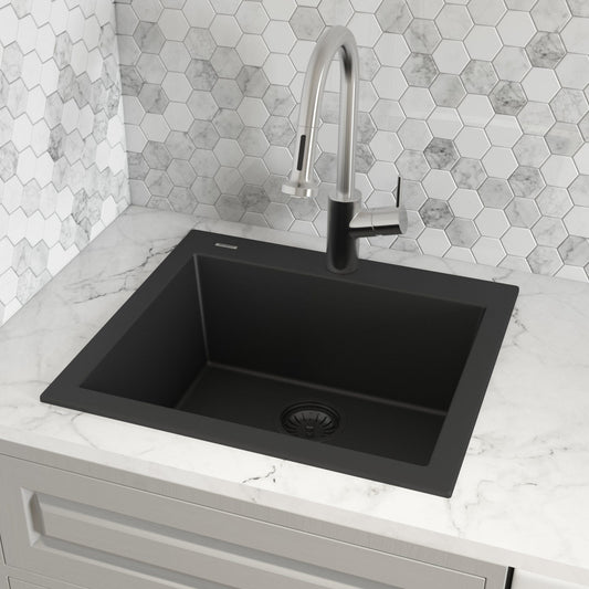 Ruvati epiGranite 22" Topmount Single Bowl Kitchen Sink RVG1022 in Midnight Black installed in modern kitchen.