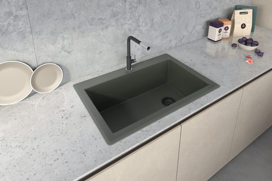 Ruvati epiGranite 33" Topmount Single Bowl Kitchen Sink RVG1033RN in Juniper Green on modern kitchen countertop.