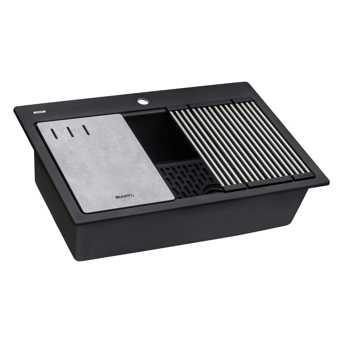 Ruvati epiStage 33" Workstation Drop-in Granite Kitchen Sink RVG1302BK in Midnight Black finish.