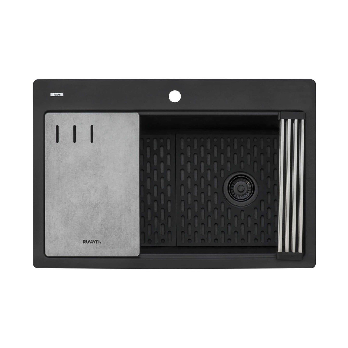 Ruvati epiStage 33" Workstation Drop-in Granite Kitchen Sink RVG1302BK in dramatic Midnight Black finish.
